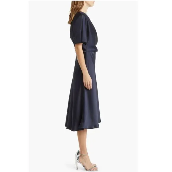 Amsale NAVY One Shoulder Fluid Satin Cocktail Midi Dress, NWT, Size 4 - Picture 5 of 13